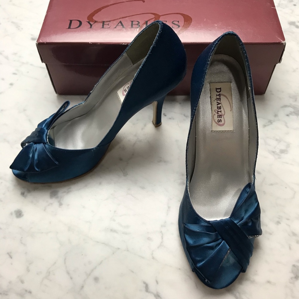 Dyeables Blue Satin-Like Bow Open Toe Heels Pumps
